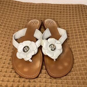 Tory Burch Womens Orange Flower Flat Sandals Size 8M Brown Sandals